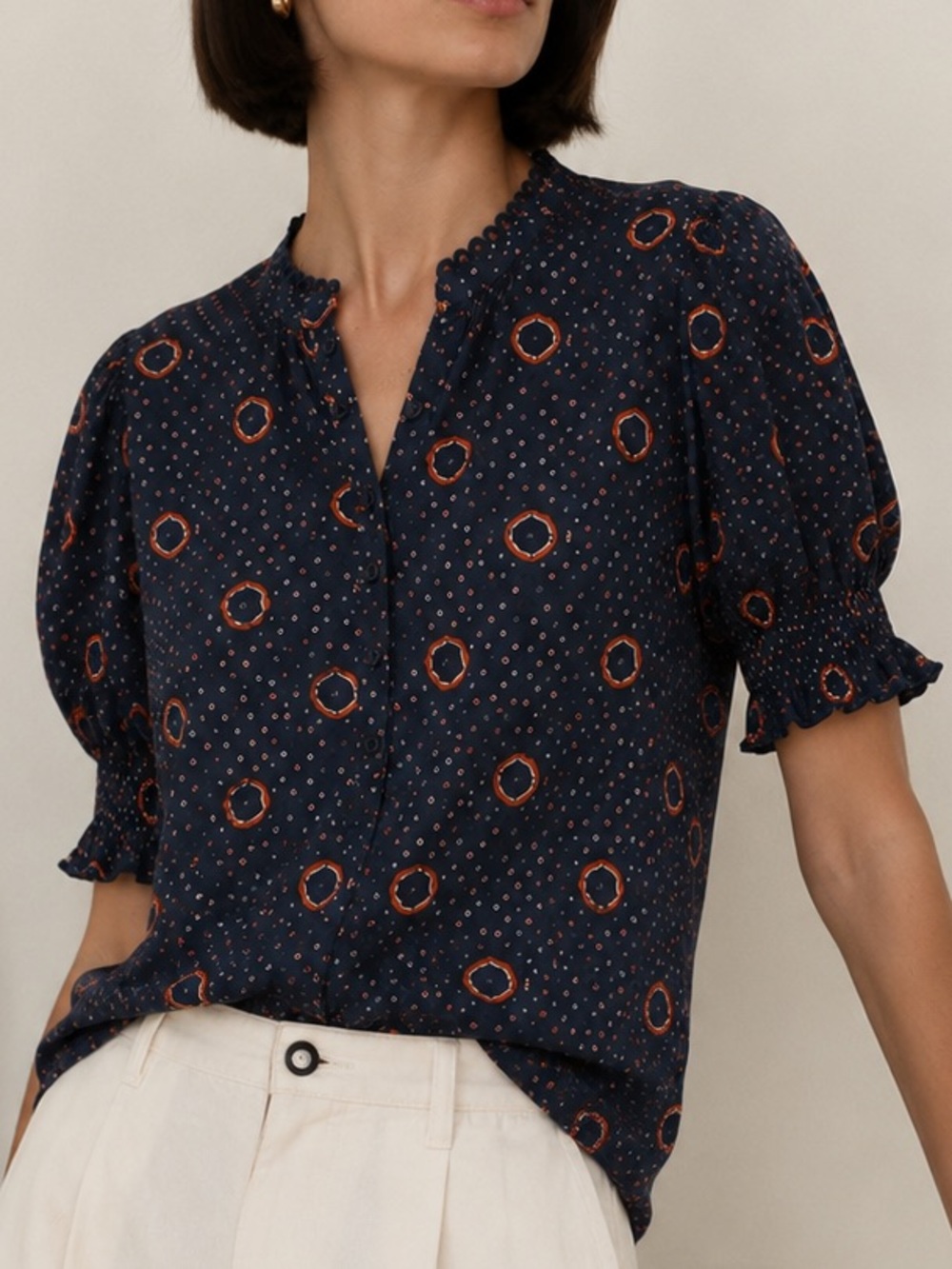 Apiece Apart Navy Blouse with Orange Dot Circles